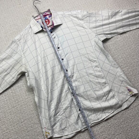 Au Noir White Button Down Shirt Geometric Grid Watercolor Design Men Sz 5 Read - Picture 9 of 14